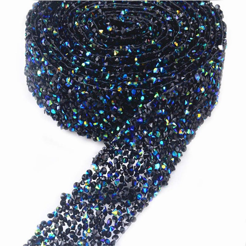 EORTA 1Yard X 3CM Rhinestone Beaded Trim Sparkling Crystal Rhinestone Hotfix Ribbon Iron on Applique Bling Chain Banding Belt for DIY Wedding Bridal Dress Embellishment Phone Wall Decor, Black Blue - Image 1
